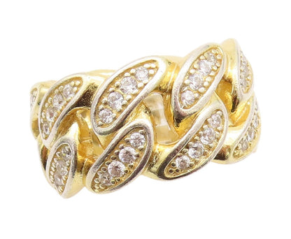 925 Sterling Silver Vintage Ring Gold Plated CZ Curb Link Cutout  Sz 9  RG33016
