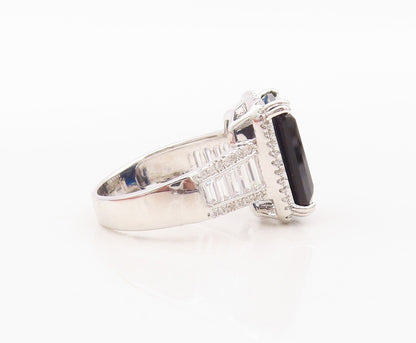 925 Sterling Silver Vintage Ring Rectangle Sapphire & CZ Inlay  Sz 7.5  RG30374
