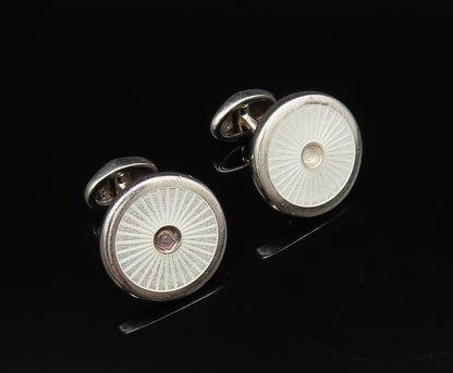 925 Sterling Silver  Vintage White Enamel Etched Lines Cuff Links  TR3422