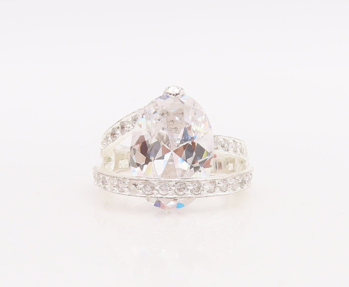 925 Sterling Silver Vintage Ring Designer Drop & Round Cut CZ  Sz 6  RG28867