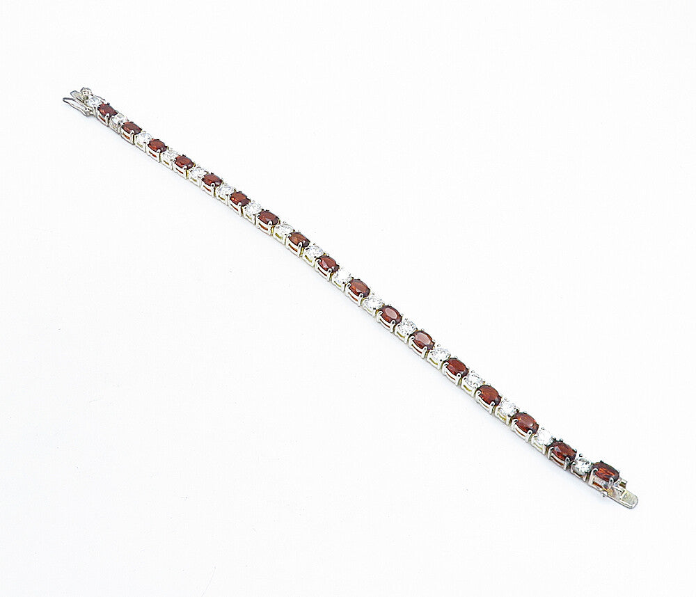 925 Sterling Silver  Cubic Zirconia & Red Topaz Shiny Tennis Bracelet  BT2164