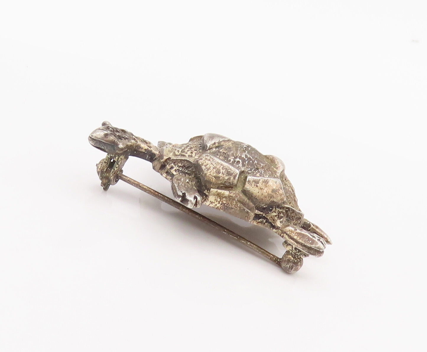 925 Sterling Silver Vintage Brooch Pin Rough Carved Domed Happy Turtle  BP10654