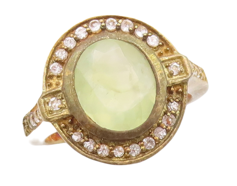 925 Sterling Silver Vintage Ring Gold Plated Green Gemstone & CZ  Sz 7  RG29818