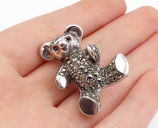 925 Sterling Silver  Vintage Marcasite Decorated Teddy Bear Brooch Pin  BP1525