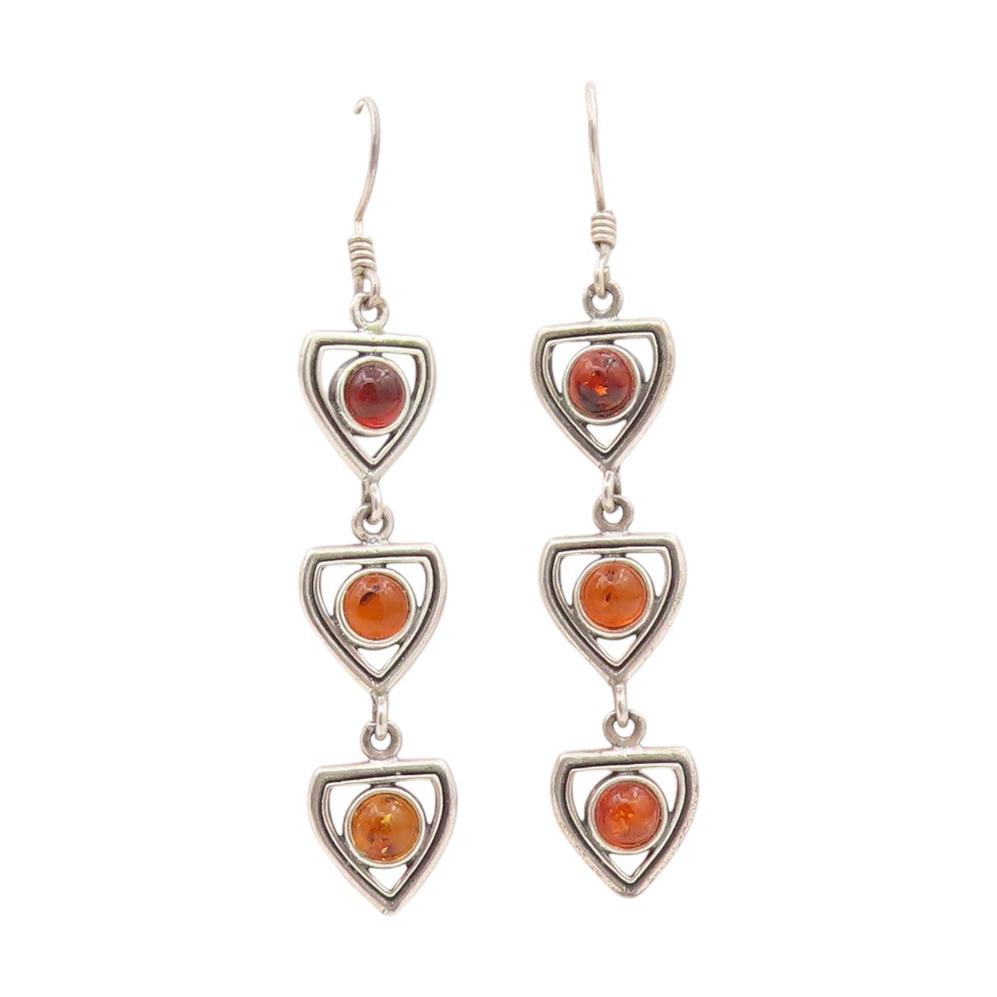 925 Sterling Silver Vintage Earrings Cabochon Amber Geometric Dangles  EG13876
