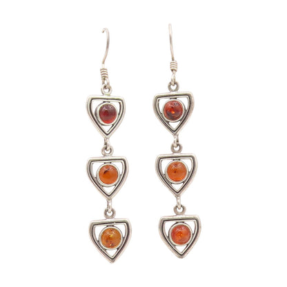 925 Sterling Silver Vintage Earrings Cabochon Amber Geometric Dangles  EG13876