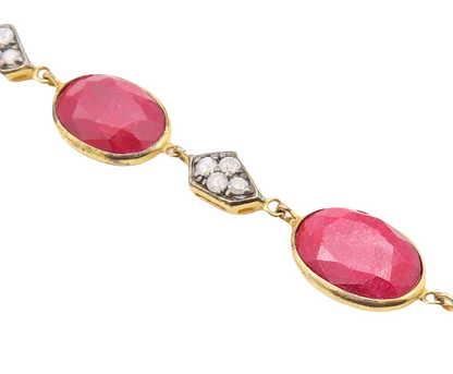 925 Sterling Silver Vintage Bracelet Gold Plated Diamonds & Oval Ruby  BT10837