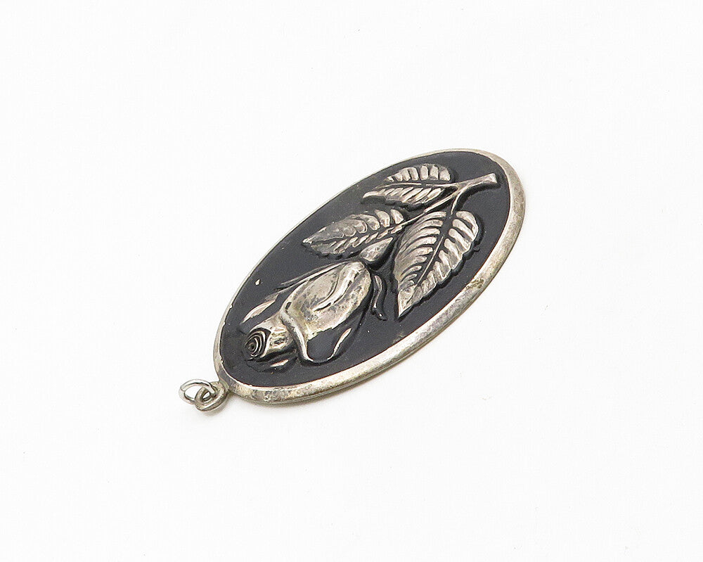 INTERNATIONAL 925 Silver Vintage Oxidized Rose Flower Oval Pendant PT14900