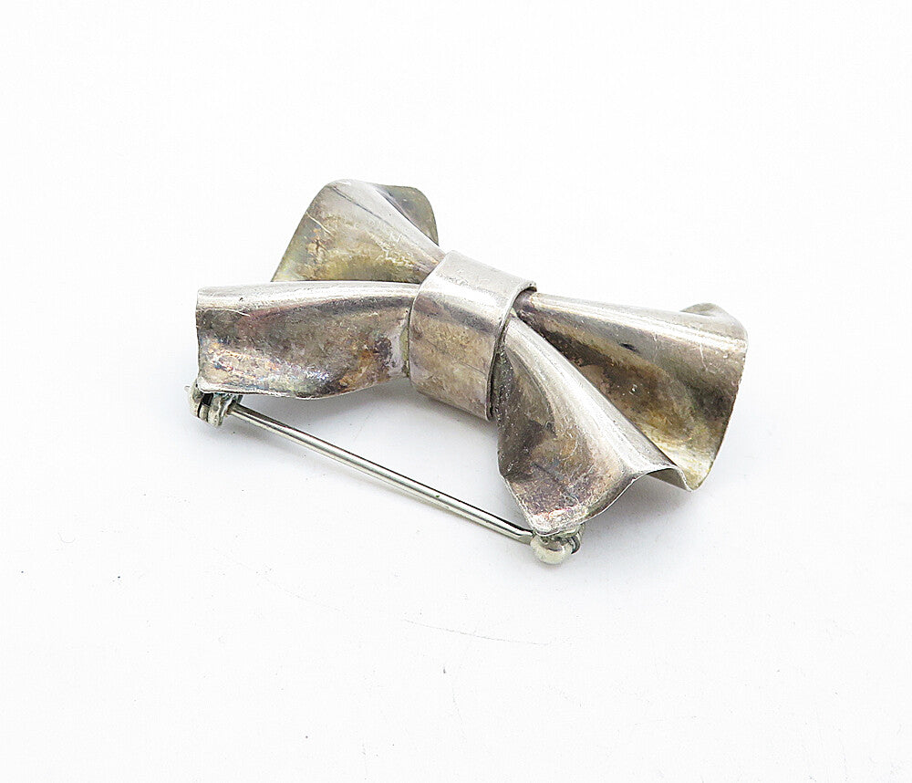 MEXICO 925 Sterling Silver  Vintage Shiny Dark Tone Bow Tie Brooch Pin  BP2036