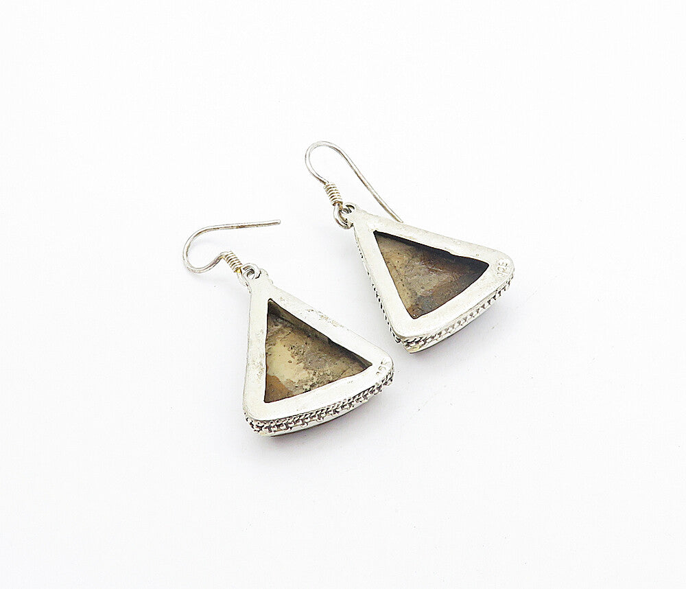 925 Sterling Silver  Vintage Brown Jasper Triangle Dangle Earrings  EG3189