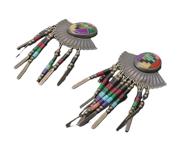 Q.T. NAVAJO 925 Silver Vintage Black Onyx & Multi Stone Drop Earrings EG9193