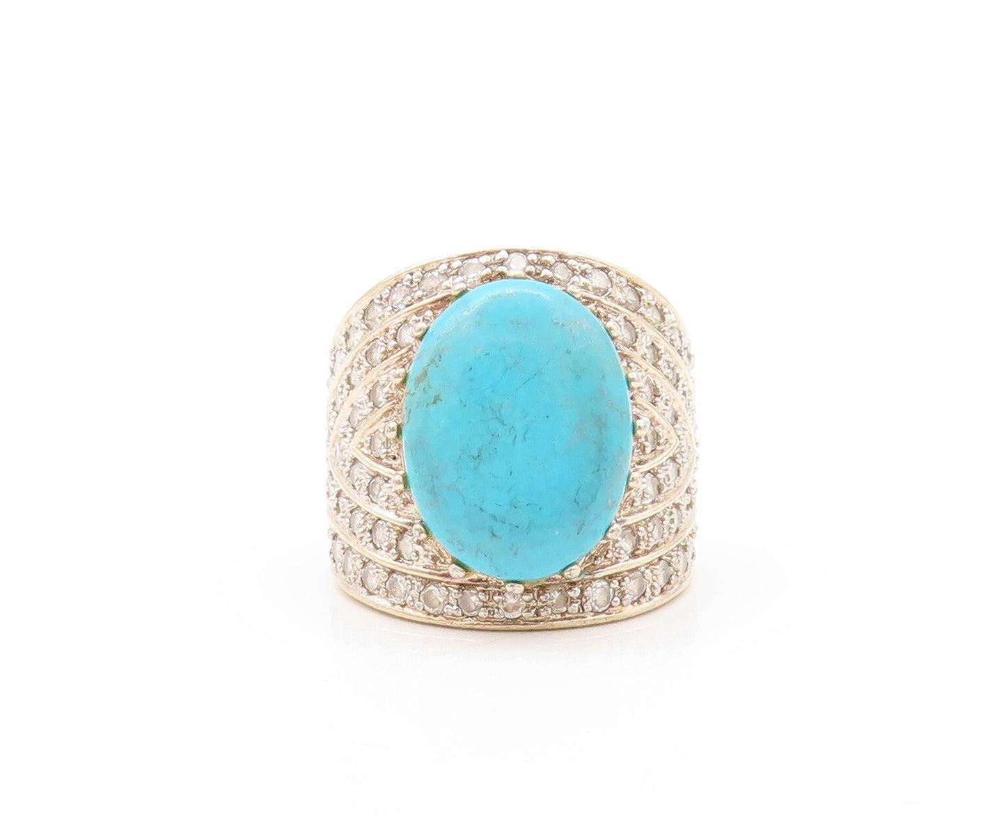 925 Sterling Silver Vintage Ring Gold Plated Large Turquoise & CZ  Sz 7  RG31031
