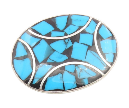 925 Sterling Silver Vintage Brooch Pin Turquoise & Onyx Inlay Design  BP12358
