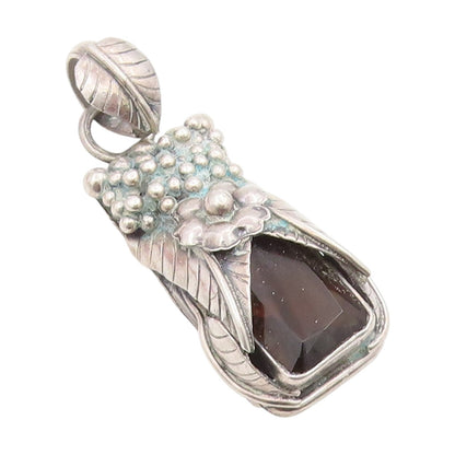 925 Sterling Silver Vintage Pendant Smoky Quartz Floral Leaf & Berries  PT25440