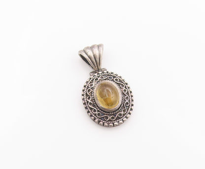 925 Sterling Silver Vintage Pendant Dark Tone Etched Oval Citrine Charm  PT24863