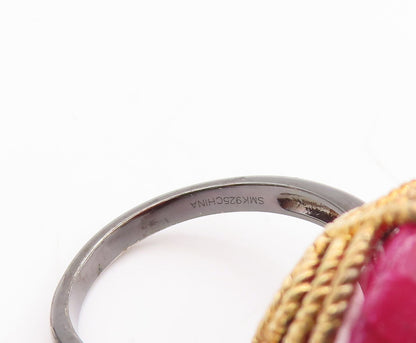 925 Sterling Silver Vintage Ring Gold Plated Large Round Gemstone Sz 7.5 RG29510