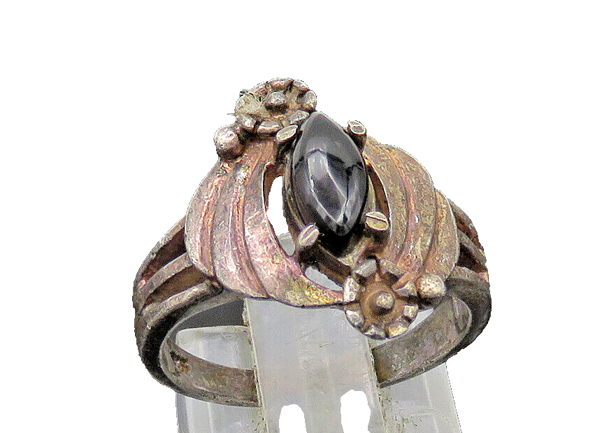 925 Sterling Silver  Vintage Black Onyx Floral Motif Band Ring Sz 6.5  RG21212