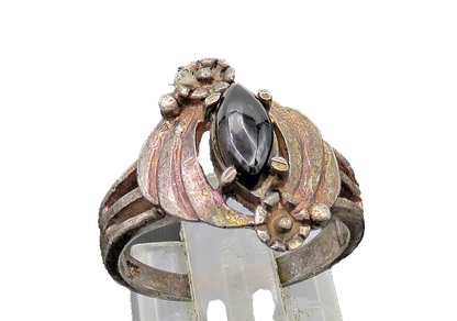 925 Sterling Silver  Vintage Black Onyx Floral Motif Band Ring Sz 6.5  RG21212