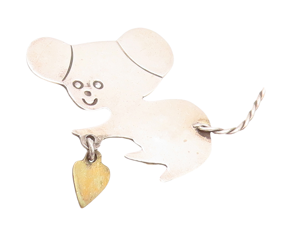 925 Sterling Silver Vintage Brooch Pin MEXICO Puppy Dangling Heart  BP11413