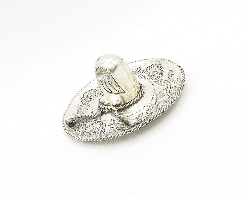 925 Sterling Silver  Vintage Shiny Floral Bird Patterned Sombrero  TR2523