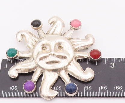 925 Sterling Silver Vintage Brooch Pin MEXICO Multi Gemstone Carved Sun  BP10743