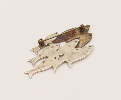 MEXICO 925 Silver  Vintage Two Tone Swimming Fish Family Brooch Pin  BP10237