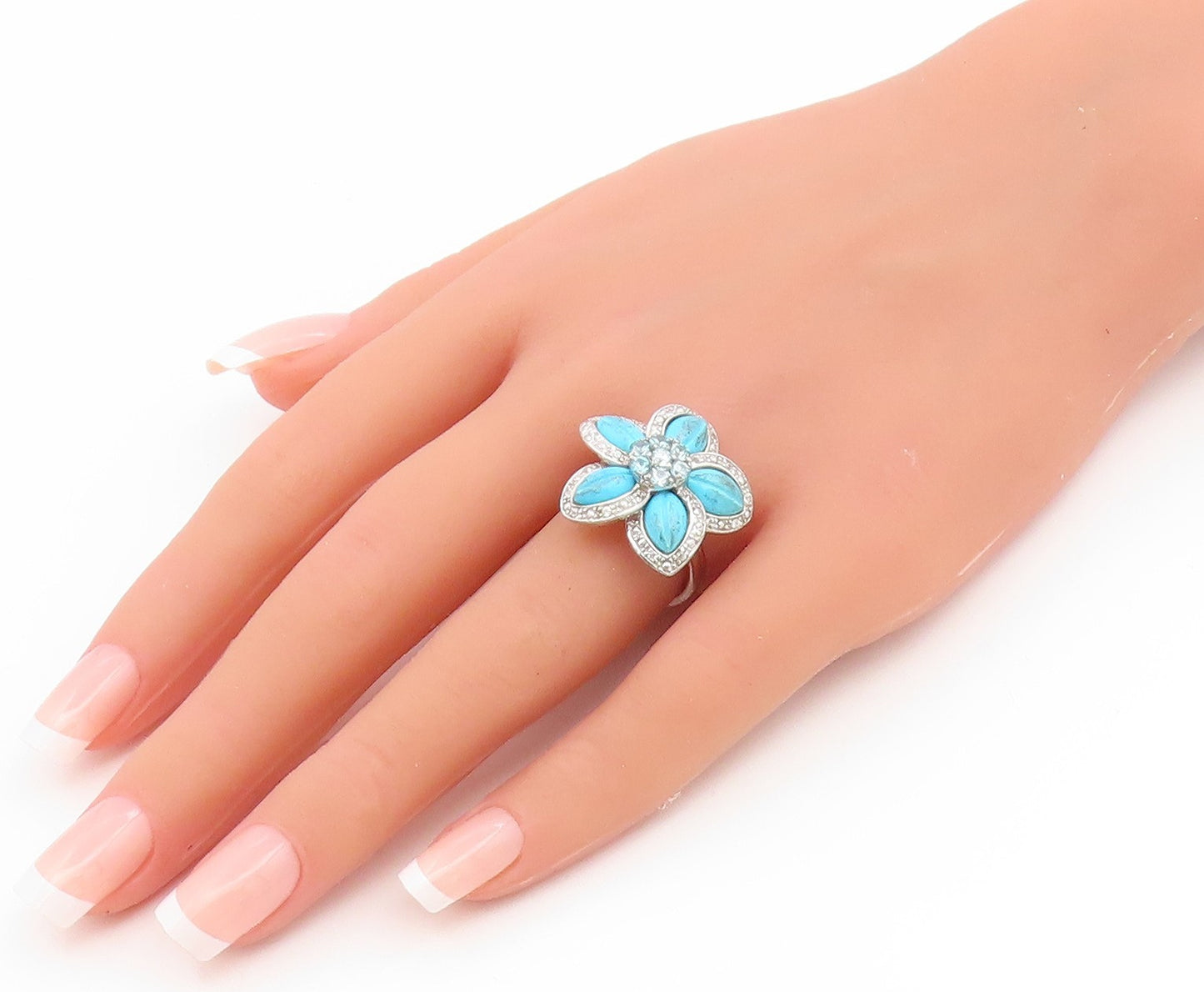 925 Sterling Silver Vintage Ring Real Diamonds & Topaz Floral Petal Sz 7 RG35237