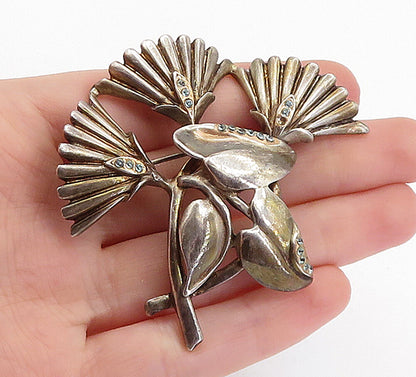925 Sterling Silver Vintage Blue Topaz Modernist Floral Brooch Pin BP2267
