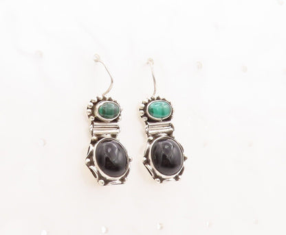 925 Sterling Silver Vintage Earrings Beaded Onyx & Malachite  EG13058