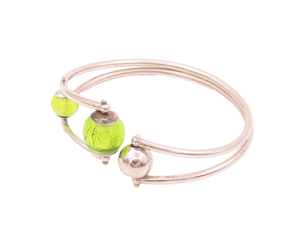 925  Silver  Vintage Spinning Art Glass Bead Flexible Cuff Bracelet  BT9902