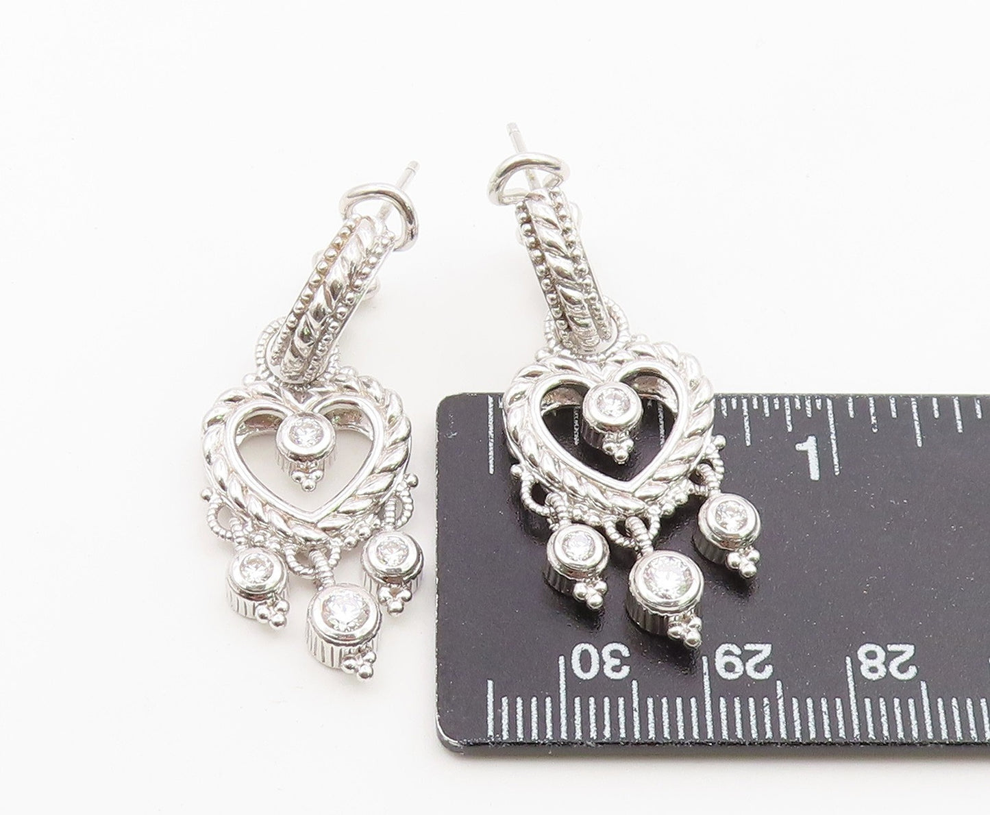 925 Sterling Silver Vintage Earrings JUDITH RIPKA CZ Love Heart Drop  EG14495