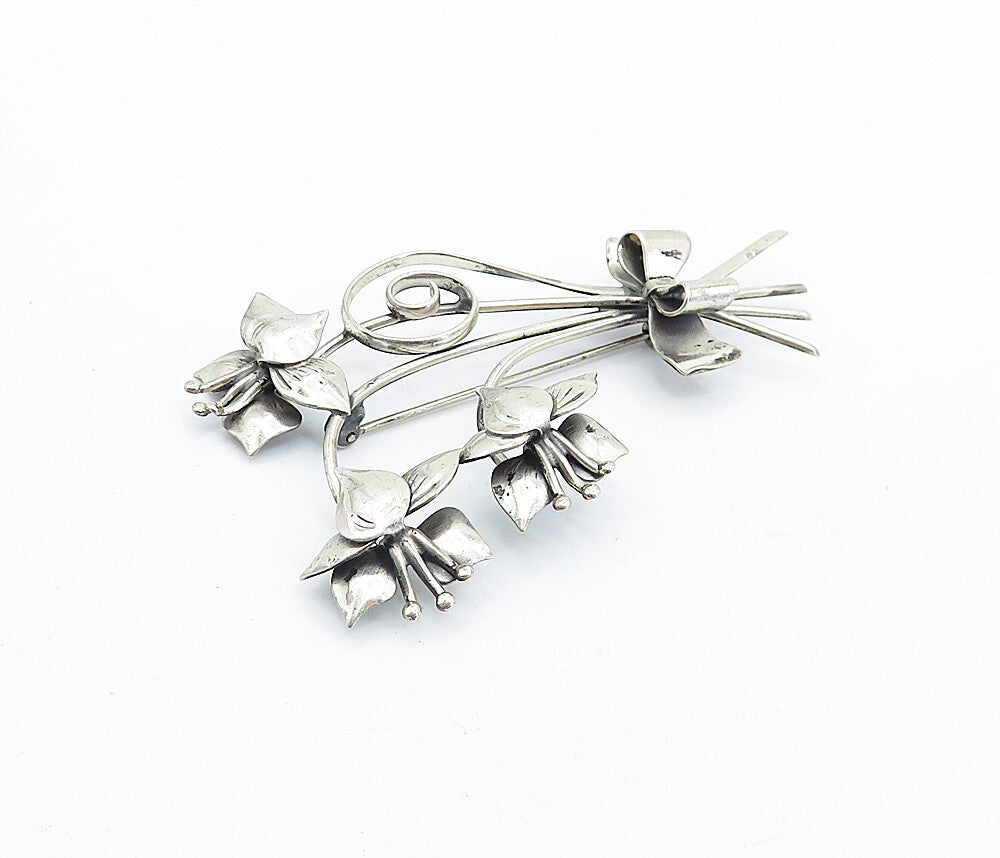 LANG 925 Sterling Silver  Vintage Spiral Bow Flower Bunch Brooch Pin  BP1850