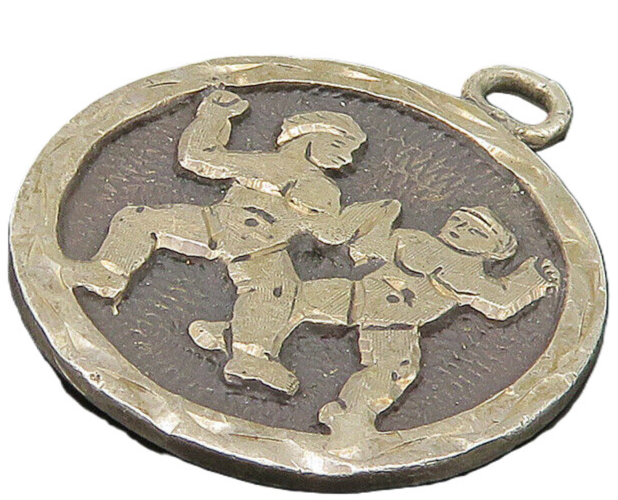 MEXICO 925 Silver  Vintage Dark Tone Chiseled Figures Round Pendant  PT14112