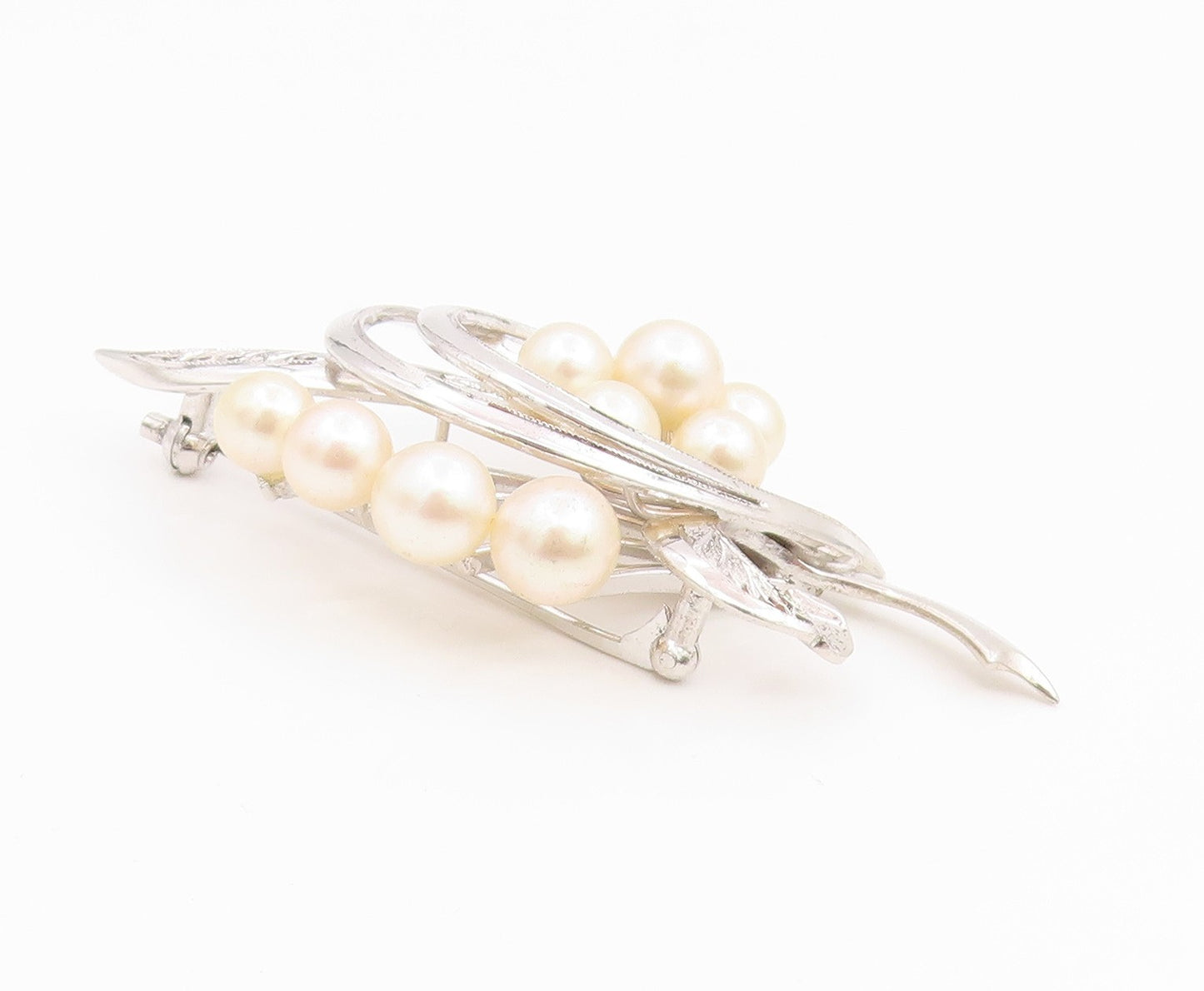 925 Sterling Silver Vintage Brooch Pin Elegant Pearl Swirly Floral Leaf  BP12361