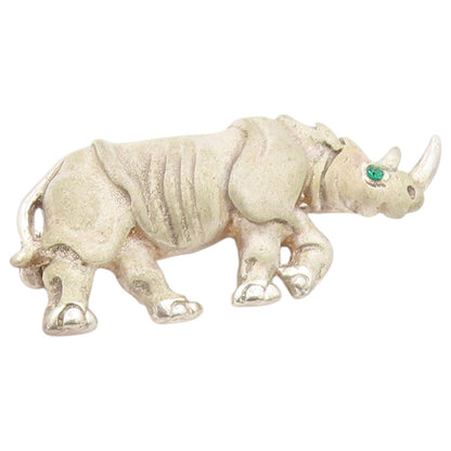 925 Sterling Silver Vintage Brooch Pin Emerald Eye Rhinoceros Figure  BP12638