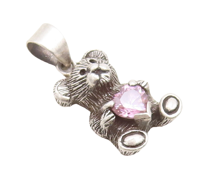 925 Sterling Silver Vintage Pendant Dark Tone Teddy With Pink CZ Heart  PT23698