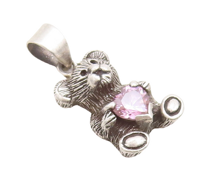 925 Sterling Silver Vintage Pendant Dark Tone Teddy With Pink CZ Heart  PT23698