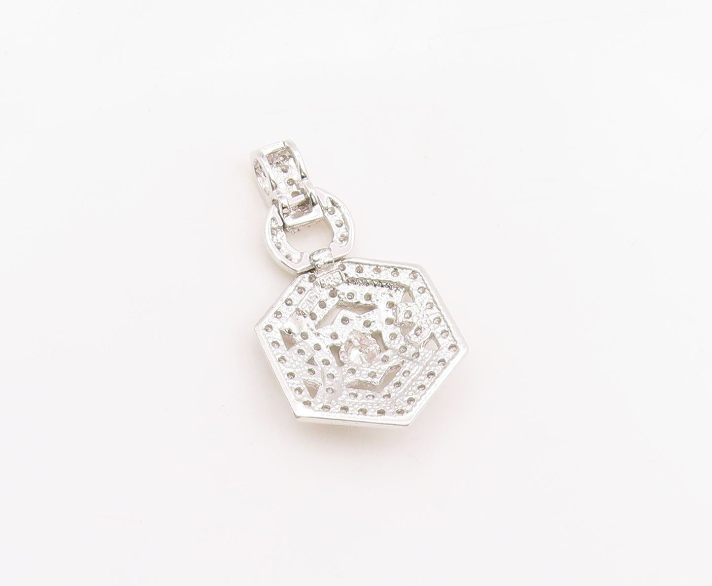 925 Sterling Silver Vintage Pendant Sparkling CZ Two Tone Hexagon Charm  PT25488