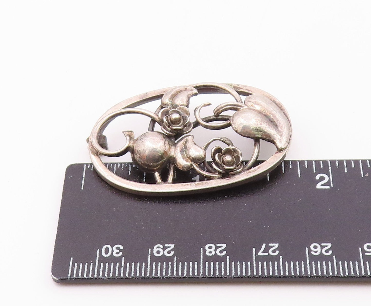 EUROPEAN 925 Sterling Silver Vintage Rose Flower Vine Cutout Brooch Pin BP9666