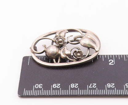 EUROPEAN 925 Sterling Silver Vintage Rose Flower Vine Cutout Brooch Pin BP9666