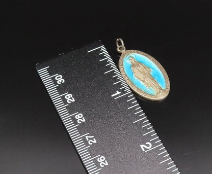 925 Silver  Vintage Antique Enamel Saint Mary Religious Medal Pendant  PT21124