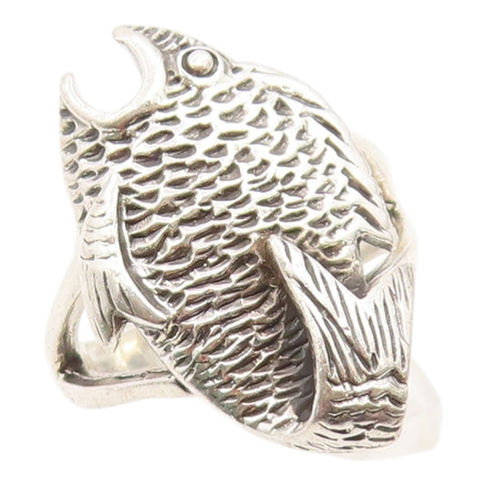 925 Sterling Silver Vintage Ring Chunky Pisces Zodiac Fish Band  Sz 4.5  RG36293