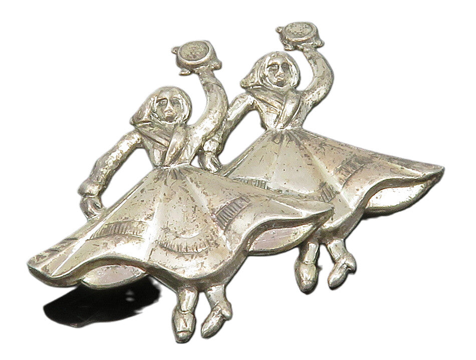 BEAU 925 Sterling Silver  Vintage Women Dancing In Dresses Brooch Pin  BP4929