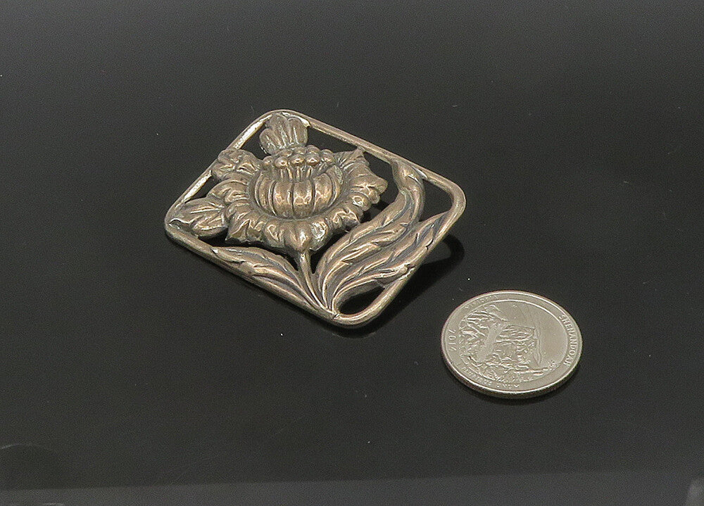 925 Sterling Silver  Vintage Dark Tone Flower Motif Square Brooch Pin  BP8292