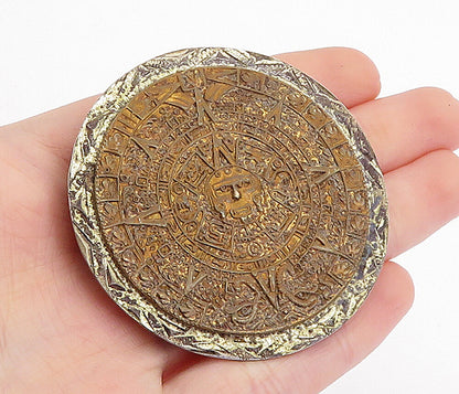 MEXICO 925 Silver  Vintage 2 Tone Mayan Aztec Sun Calendar Brooch Pin  BP1668