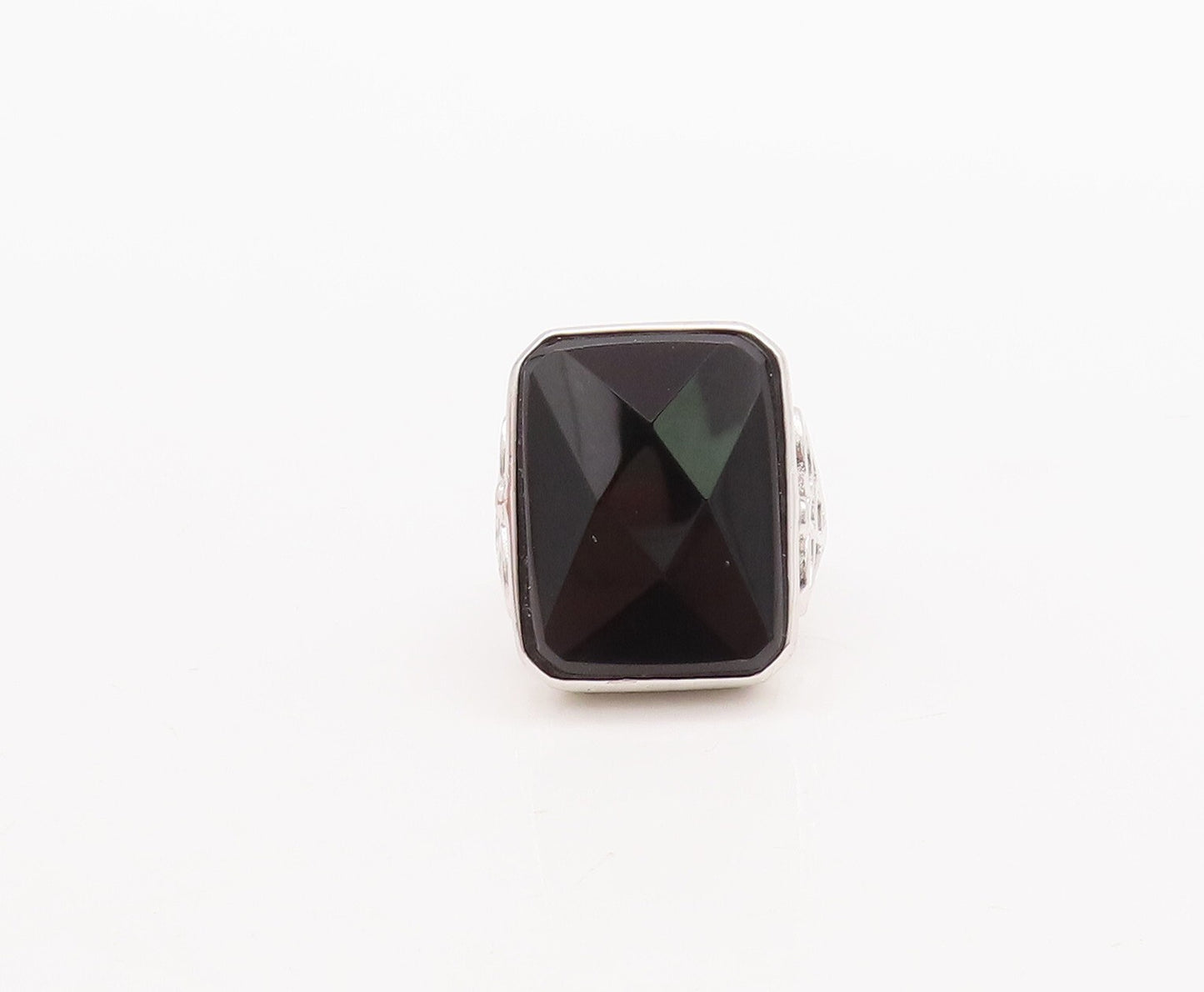 925 Sterling Silver Vintage Ring Rectangle Onyx Carved Neck  Sz 6  RG29540