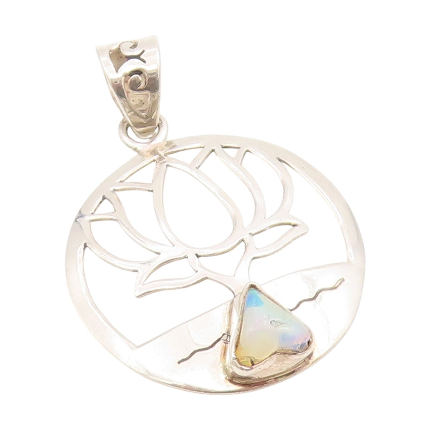 925 Sterling Silver Vintage Pendant Fire Opal Lotus Flower Cutout Medal  PT25565