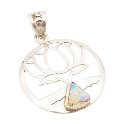 925 Sterling Silver Vintage Pendant Fire Opal Lotus Flower Cutout Medal  PT25565