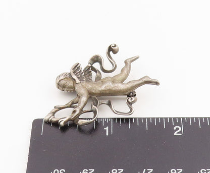 925 Sterling Silver Vintage Brooch Winged Cherub With Swirling Ribbons   BP11984