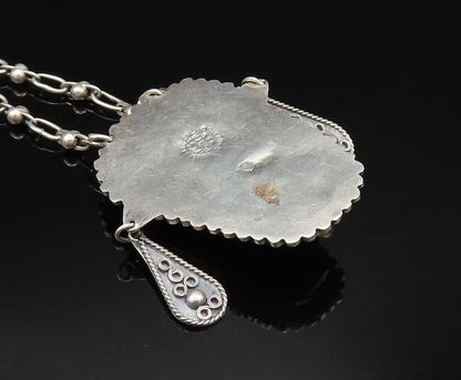 MEXICO 925 Silver  Vintage Carved Face Onyx Beaded Detail Necklace  NE3976